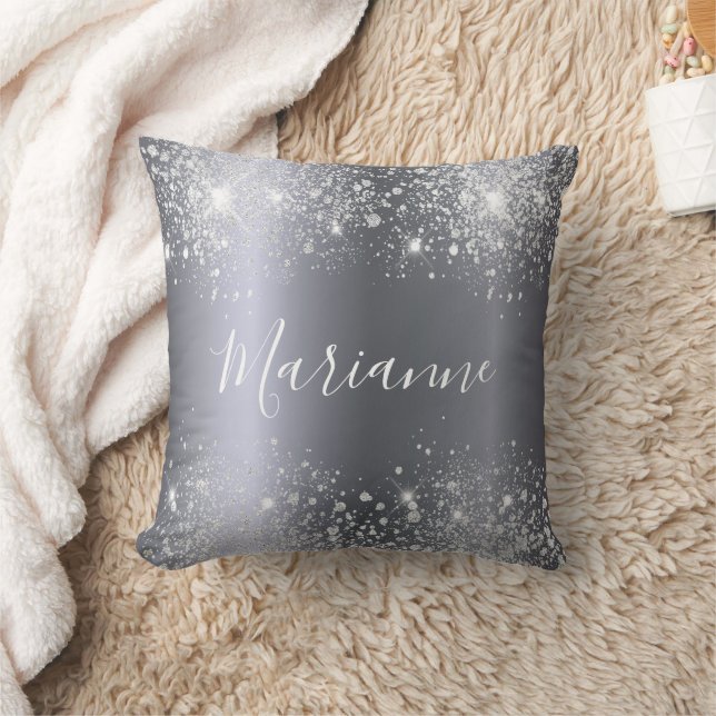 Coussin Script de nom de parties scintillant en argent (Couverture)