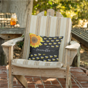 Coussin Script de nom de tournesol jaune noir des abeilles