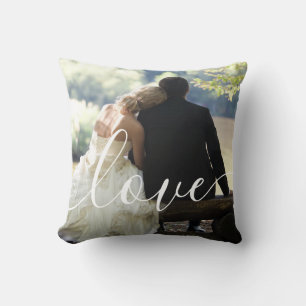 Coussin Script de photo de mariage Monogramme d'amour 