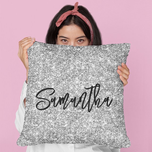 Coussin Script de pinceau noir Parties scintillant argent (Créateur téléchargé)
