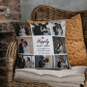 Coussin Script Happily Ever Après Pink Heart Photo Collage