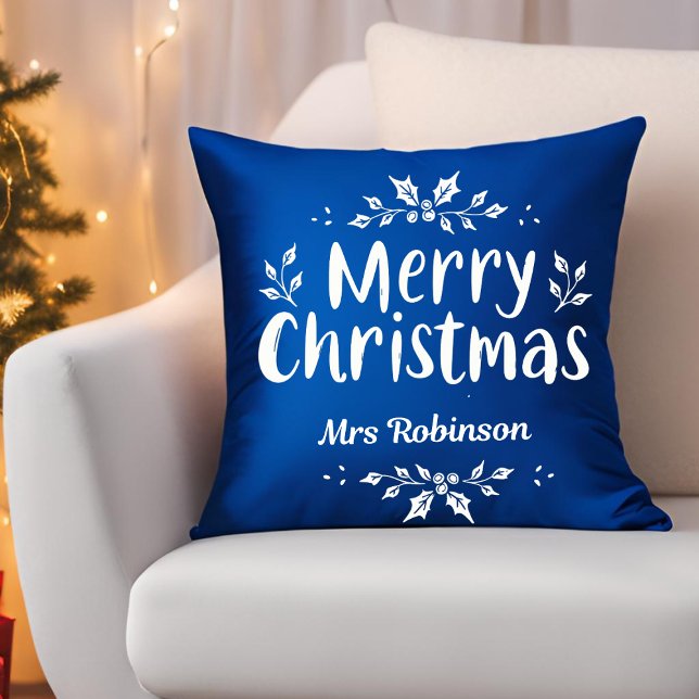Coussin Script moderne Joyeux Noël Nom personnalisé Famill (Créateur téléchargé)