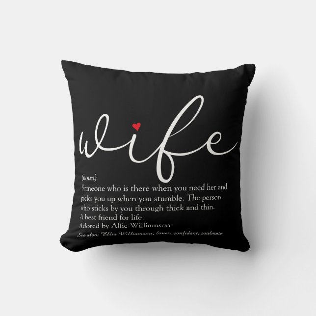 Coussin Script noir et blanc Définition de l'épouse au cœu (Recto)
