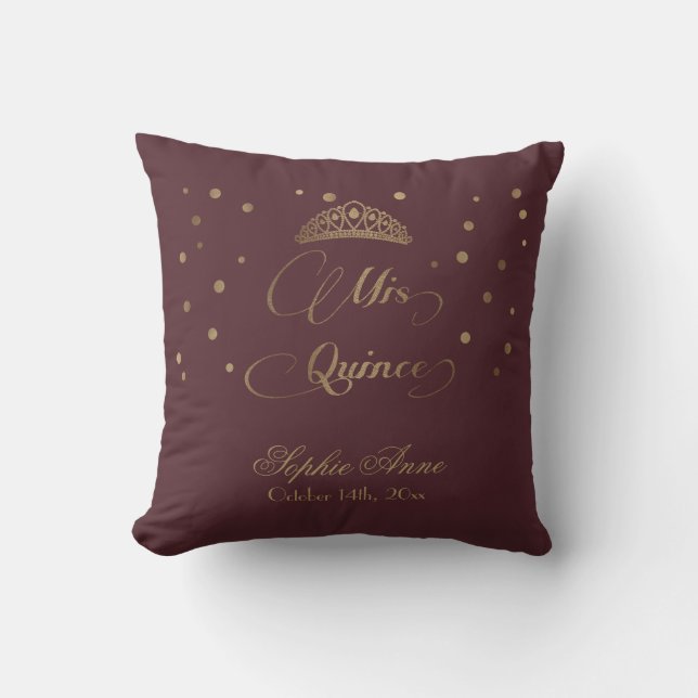 Coussin Script Quince Royal Burgundy Gold Mis Quinceañera (Recto)