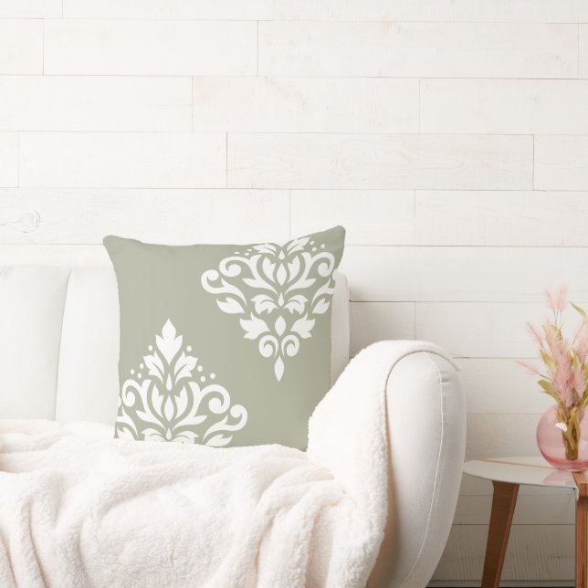 Coussin Scroll Damask Art I White on Green (Canapé)
