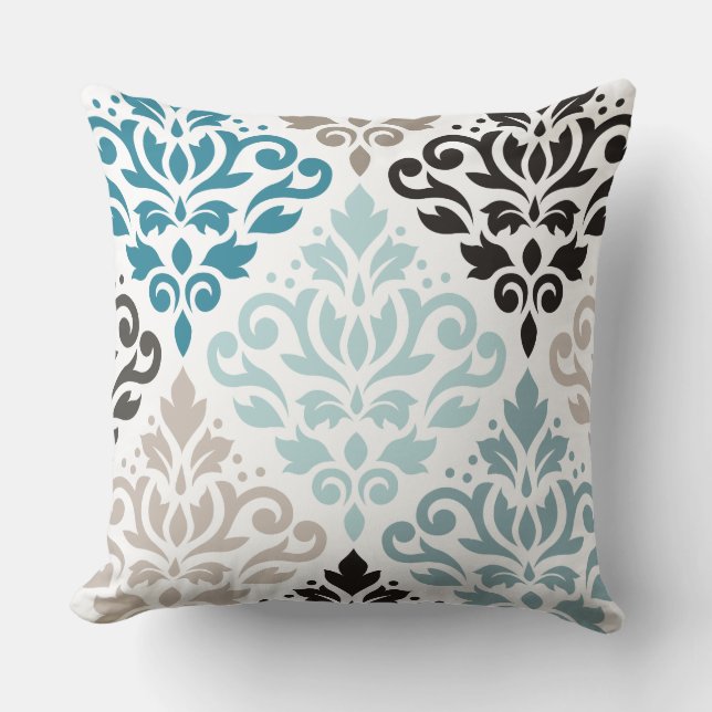 Coussin Scroll Damask XLg Motif Art Teals Browns White (Recto)
