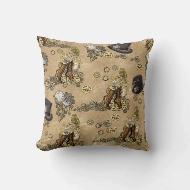 Coussin Sculptures de Steampunk sur Tan Leather Texture (Recto)