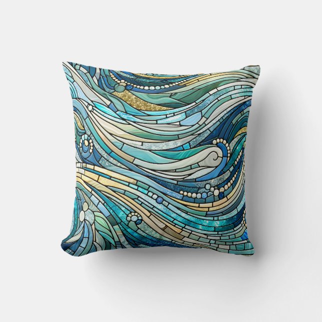 Coussin Sea of Waves Teal Mosaic Fine Art (Recto)