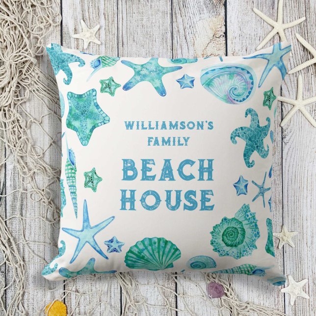 Coussin Sea Shells et Starfish Family Beach House (Sea Shells and Starfish Family Beach House Throw Pillow)
