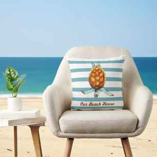 Coussin Sea Turtle Custom Beach House sur Dark Aqua Stripe