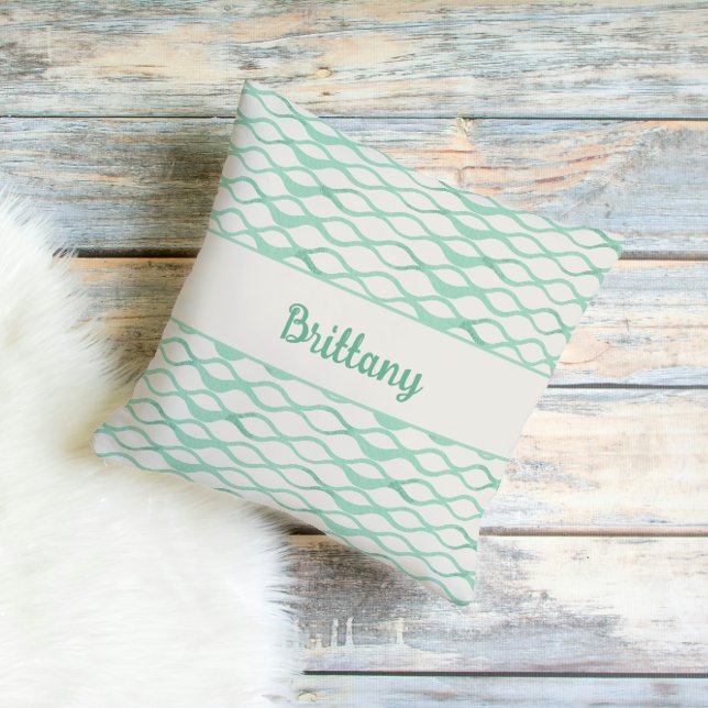 Coussin Seafoam Green Waves Personalized Coastal Decor (Seafoam Green Teal Wave Pattern Coastal Decor Throw Pillow)