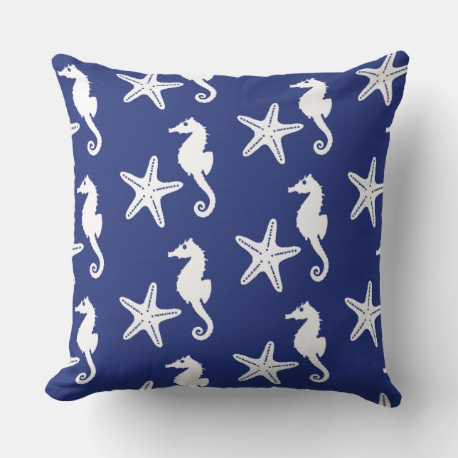 Coussin Seahorse & starfish - navy blue and white (Recto)