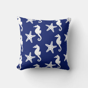 Coussin Seahorse & starfish - navy blue and white