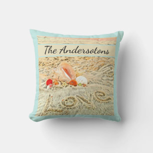 Coussin Seashells Beach mariage aquarelle corail bleu turq