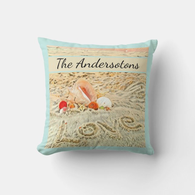 Coussin Seashells Beach mariage aquarelle corail bleu turq (Recto)