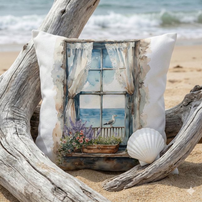 Coussin Seaside Window View Watercolor Coastal Scene (Seaside Window View Watercolor Coastal Scene Throw Pillow Mockup C)