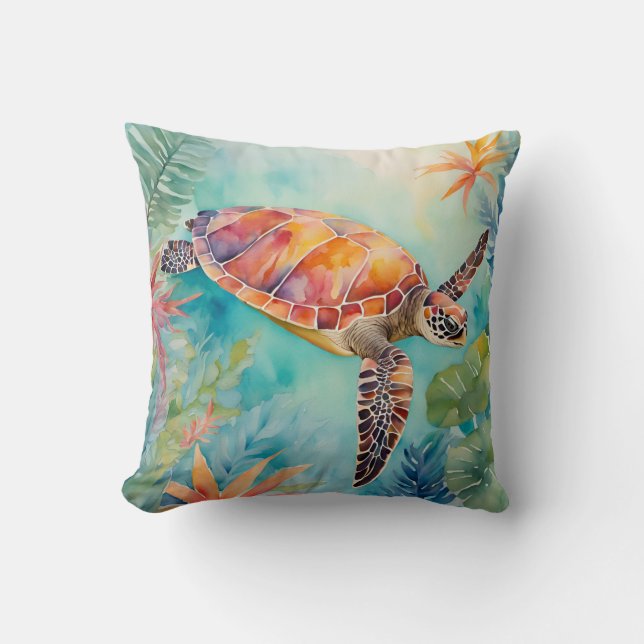 Coussin Seaturtle Watercolor Vie marine côtière tropicale (Recto)