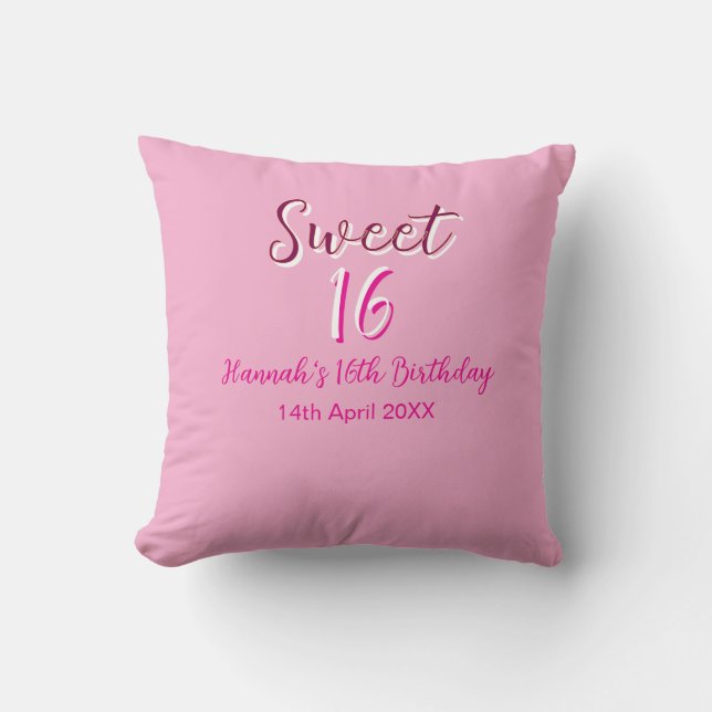 Coussin Seize ans doux rose blanc nom date lettre gras mar (Recto)