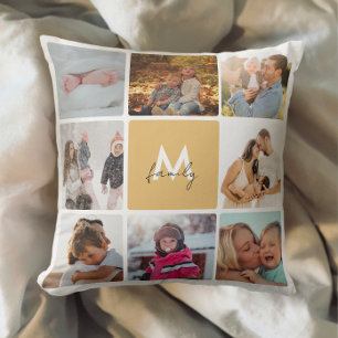 Coussin Seize Photo Collage Simple Famille Monogramme
