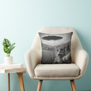 Coussin Selfie De Chat Avec Alien UFO Drôle Cadeaux De Cha