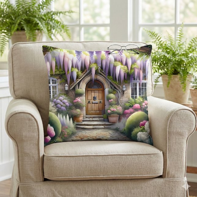 Coussin Sentier de jardin de cottage fantaisiste (Whimsical Cottage Garden Pathway Throw Pillow Mockup A)