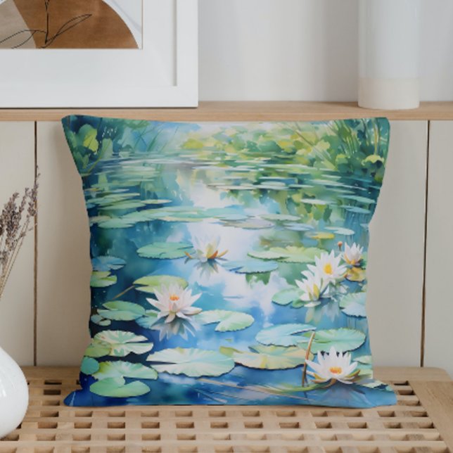 Coussin Sérénité de l'étang aux lys à l'aquarelle (Créateur téléchargé)