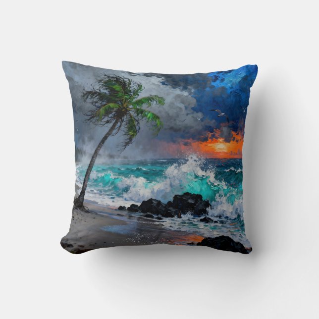 Coussin Sérénité orageuse : Pluie et vent sur une plage au (Recto)