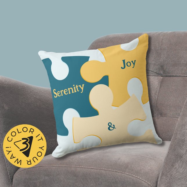 Coussin Serenity & Joy Pièces de puzzle bleu et jaune (Serenity & Joy Blue & Yellow Puzzle Pieces Throw Pillow)