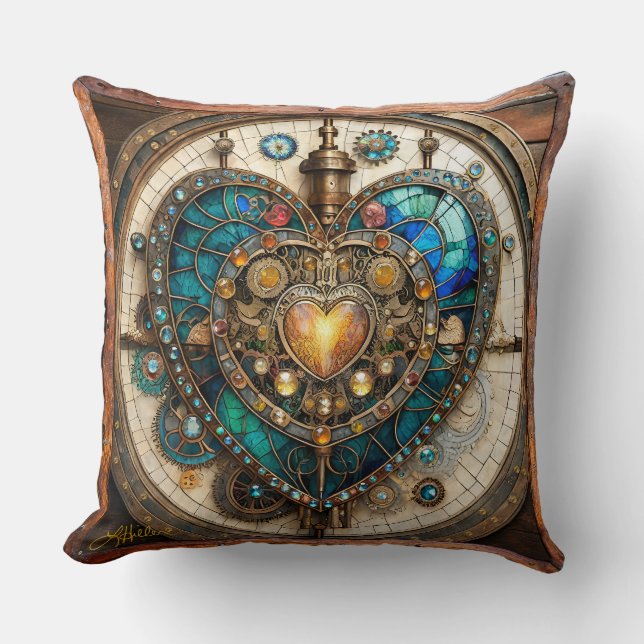 Coussin Série Steampunk Cœur en Verre Teinté Doré (Recto)
