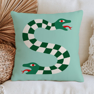 Coussin Serpent à deux têtes sur fond à carreaux verts Fun
