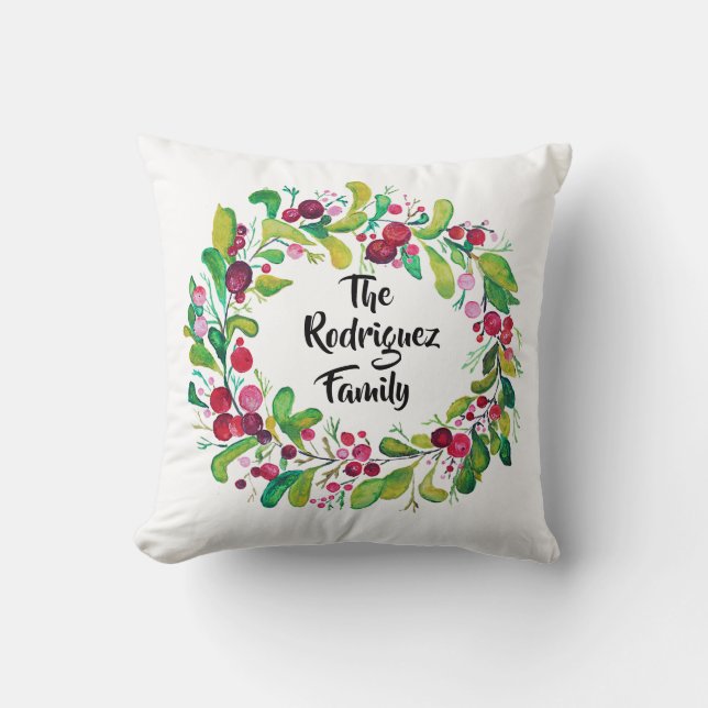 Coussin Serre d'aquarelle avec baies rouges et nom (Recto)