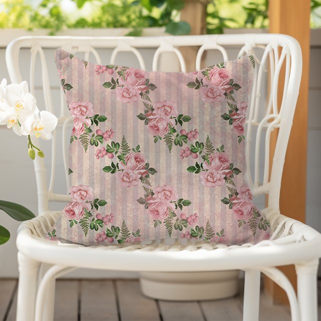 Coussin Shabby Chic Floral Grunge Rayures Rose (Créateur téléchargé)