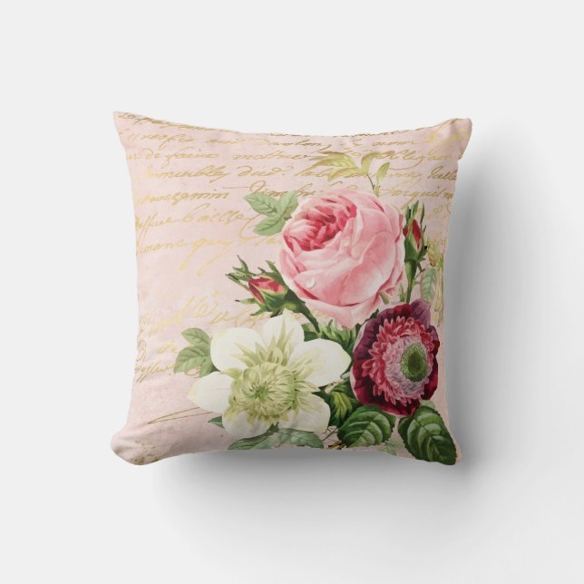 Coussin Shabby Chic Floral Script or sur Blush (Recto)