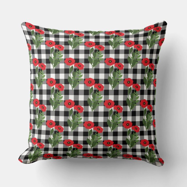 Coussin Shabby Chic Rouge, Coquelicots Noirs et Blancs à C (Recto)