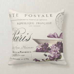 Coussin Shabby Chic, vintage lilas faux lin français