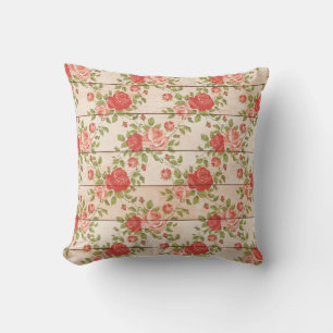 Coussin Shabby Rose rustique en lattes de bois