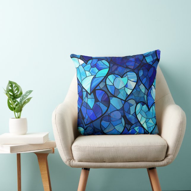 COUSSIN SHADES OF BLUE STAINED GLASS LOOK HEARTS (Chaise)