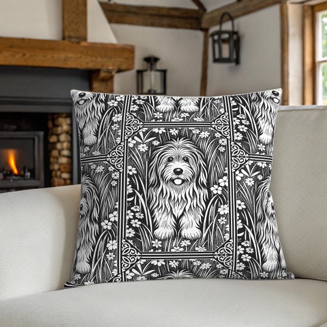 Coussin Shaggy Chien Jardin Vintage noir et blanc (Créateur téléchargé)