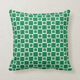 Coussin shamrock vert et blanc À damiers Motif Clover