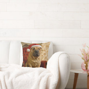 Coussin Shar-Pei de Noël avec un chapeau de Père Noël