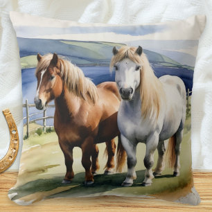 Coussin Shetland Ponies Animaux Nature Aquarelle équine