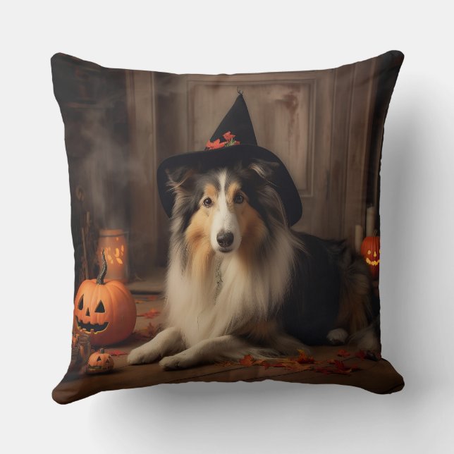 Coussin Shetland Sheepdog Citrouille Halloween effrayant (Verso)