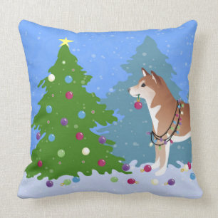 Coussin Shiba Inu Chien décorant l'arbre de Noël