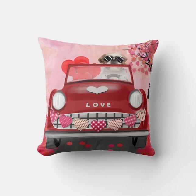 Coussin Shih Tzu Chien Voiture avec coeurs Saint-Valentin (Recto)