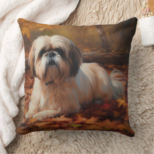 Coussin Shih Tzu dans les feuilles d'automne tombent inspi