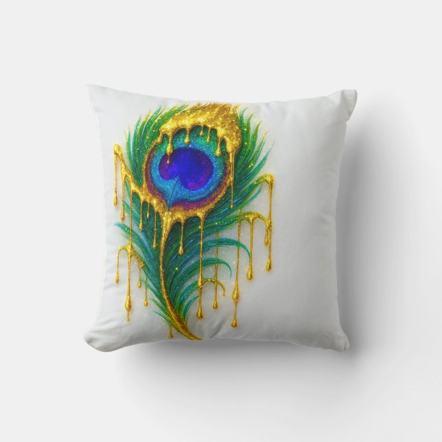 Coussin Shimmer Gold Drip Beauty Glam Plume de Paon (Recto)