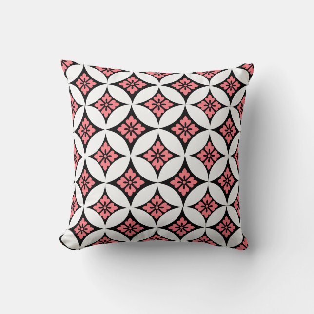 Coussin Shippo avec Motif Fleur, Noir, Blanc et Rose (Recto)