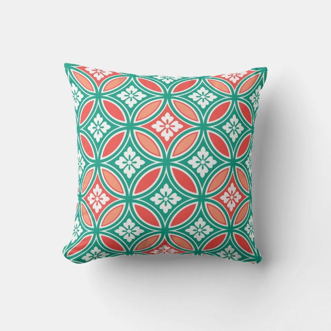 Coussin Shippo avec Motif Fleur, Turquoise et Coral (Recto)