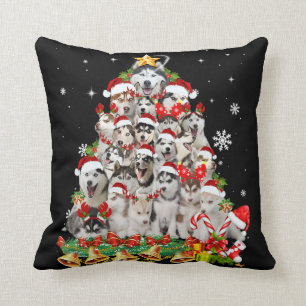 Coussin Sibérie des lumières des arbres de Noël chien