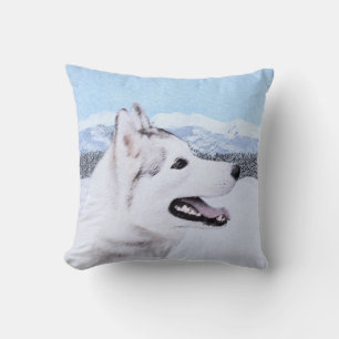 Coussin Sibérie Husky (argent et blanc) Peinture Chien Art